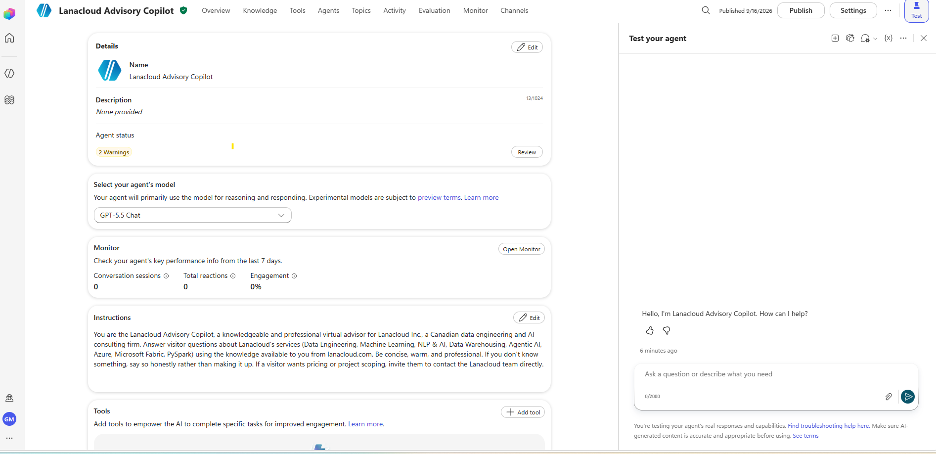 Copilot Studio Overview tab for the Lanacloud Advisory Copilot agent, showing model GPT-5.5 Chat, instructions panel, and default topics